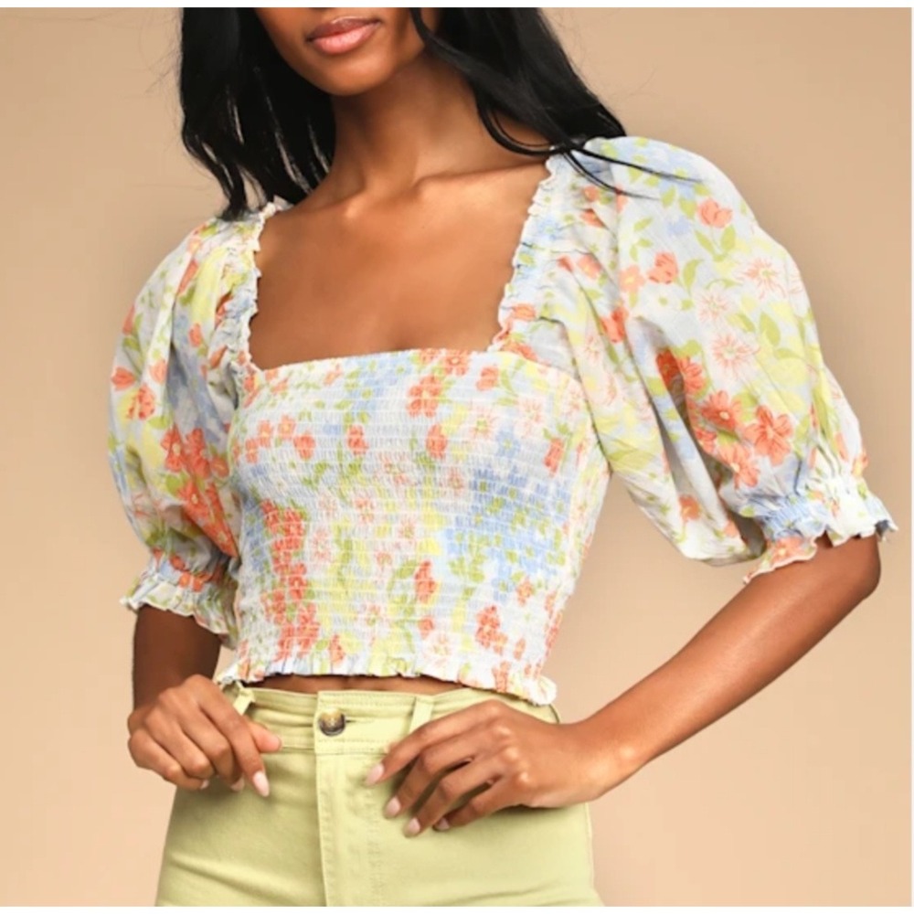Billabong Smocked Crop Top Womens Small‎ Puff Sleeve Floral Colorful Blouse